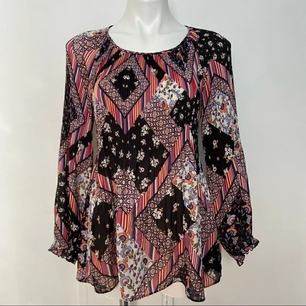 Melissa Paige Mixed Print Boho Ruffle Sleeve Top